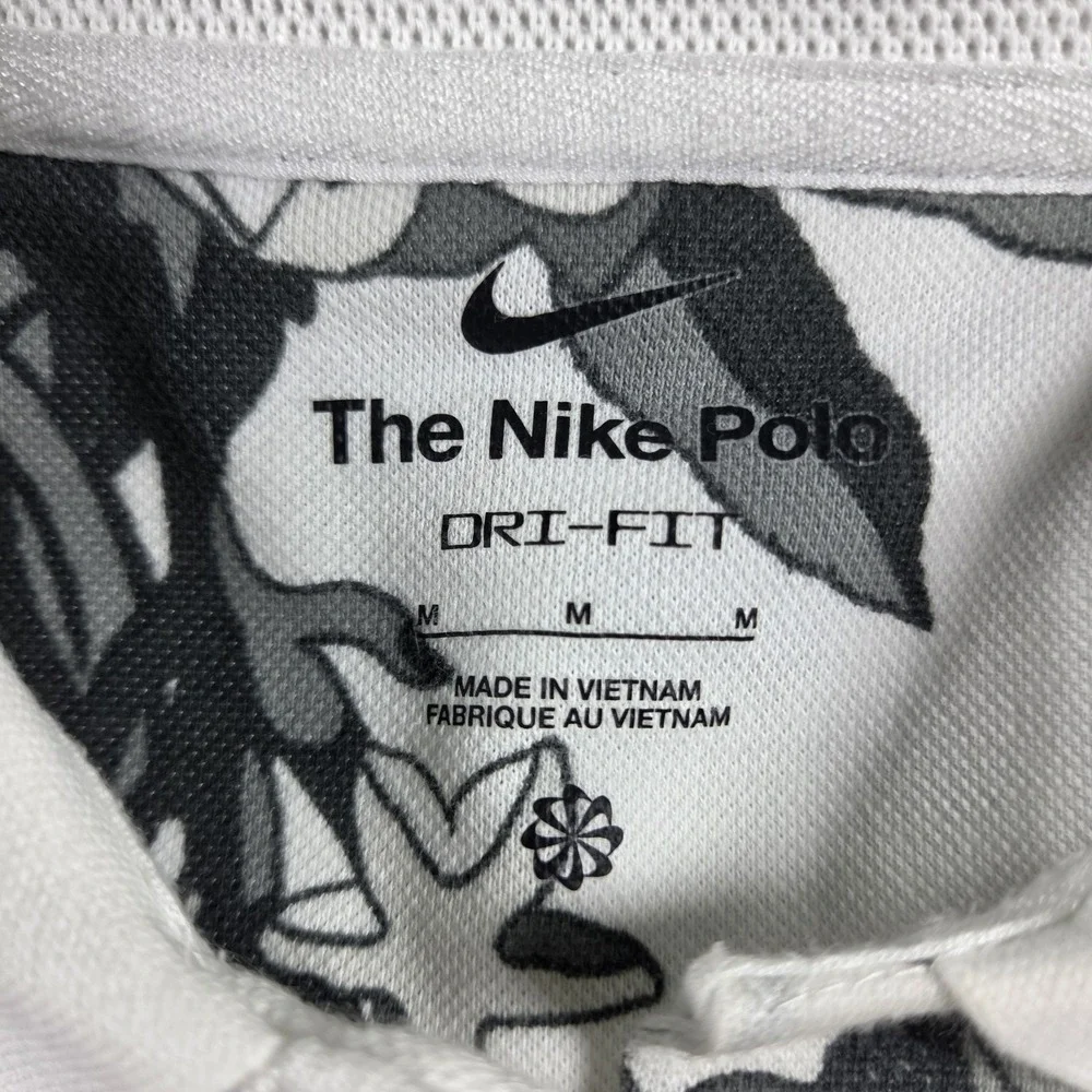 Nike Polo Dri-Fit Shirt Men's Medium White Gray Floral Golf Casual Short Sleeve